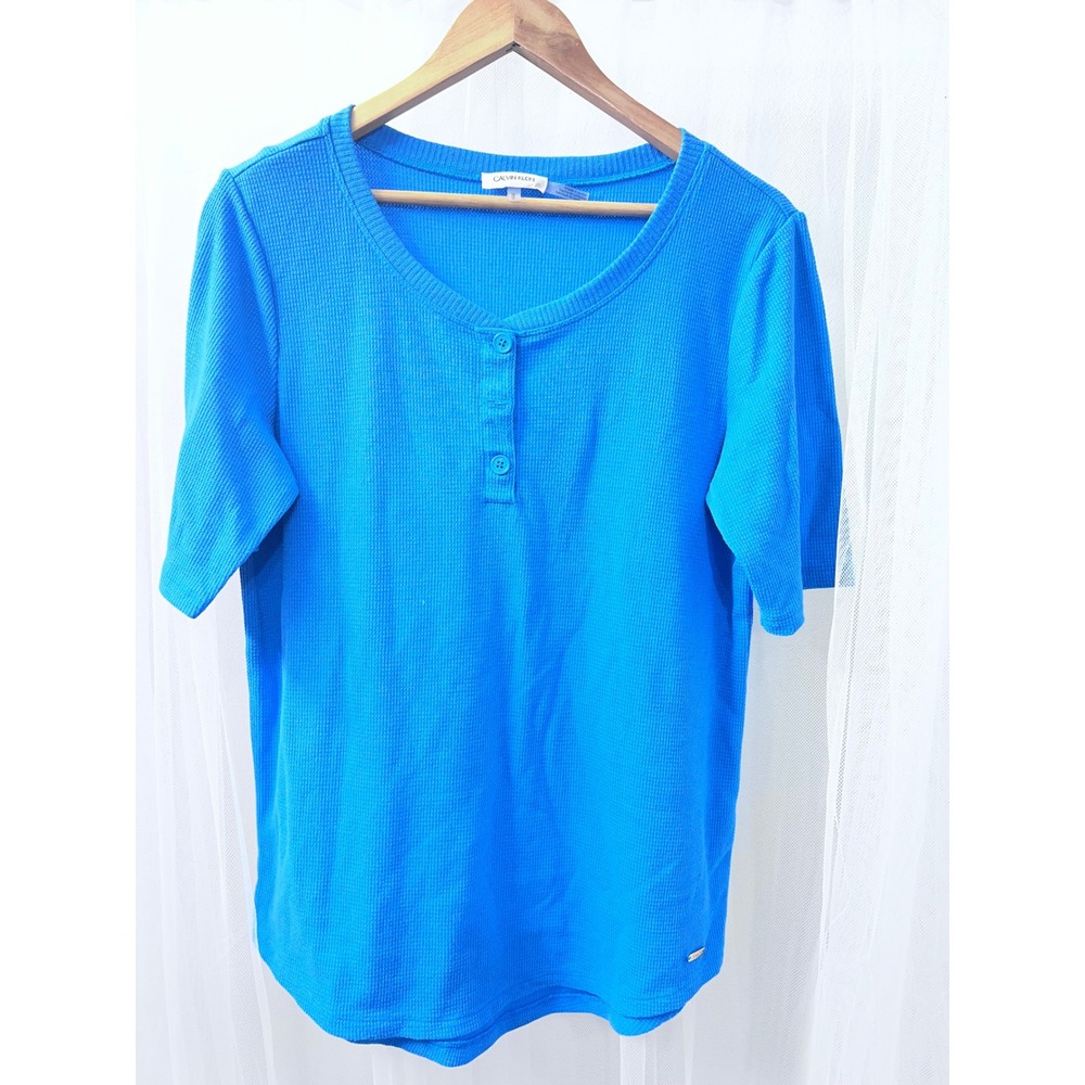 Calvin Klein Womens Royal Blue Waffle Knit Henley Short Sleeve Top Size Medium